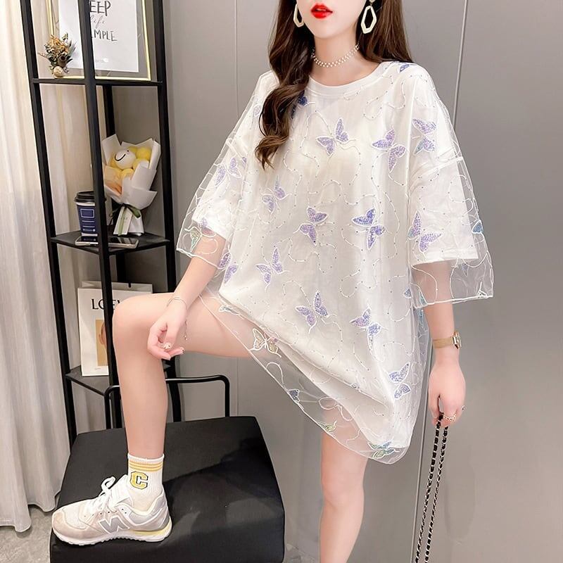 イントレンディなメッシュフェイクツーピースバタフライTシャツルーズトップ<S-2858>