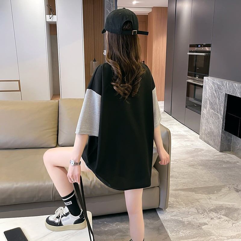 夏新作 カラーマッチング ベアー刺繍 ワッフル ロング Tシャツ ゆったり半袖 ＜S-2850＞