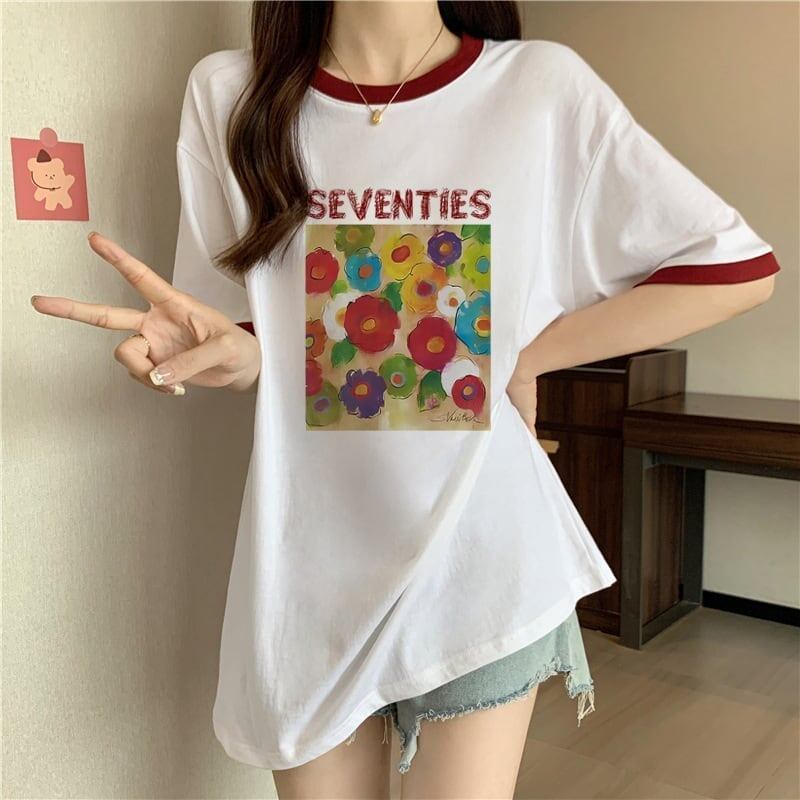 着せ 配色 プリント ロング Tシャツ 四色 ゆったり半袖 ＜S-3019＞