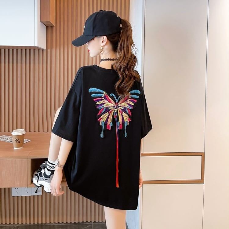 最新デザインセンス刺繍純綿ルーズ半袖Tシャツ<S-2949>
