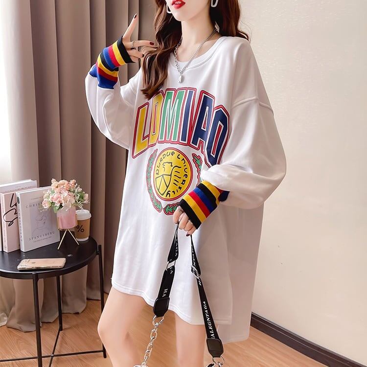 着せ グラフィックプリント 虹色 ロング長袖Tシャツ 三色トップス＜S-4107＞