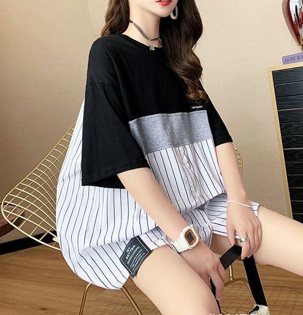超人気 切り替え ストライプ柄 ラウンドネック プリント全2色 半袖Tシャツ<S-8741>