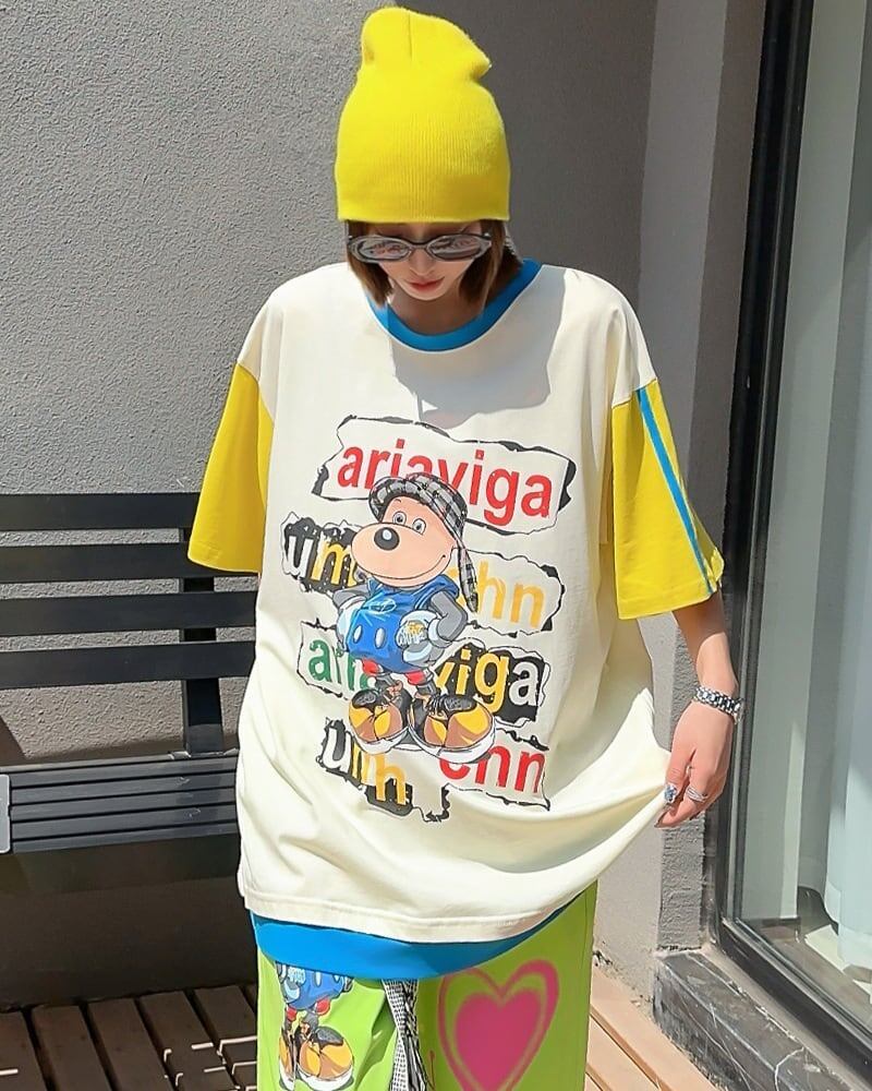 話題沸騰中 ゆったり カジュアル プリント カラーマッチング 半袖Tシャツ＜S-8067＞