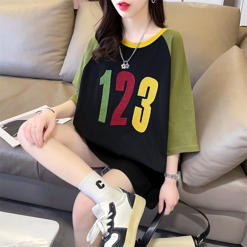 絶対欲しい カラーマッチング 数字刺 ロング Tシャツ ゆったり 半袖 ＜S-2896＞