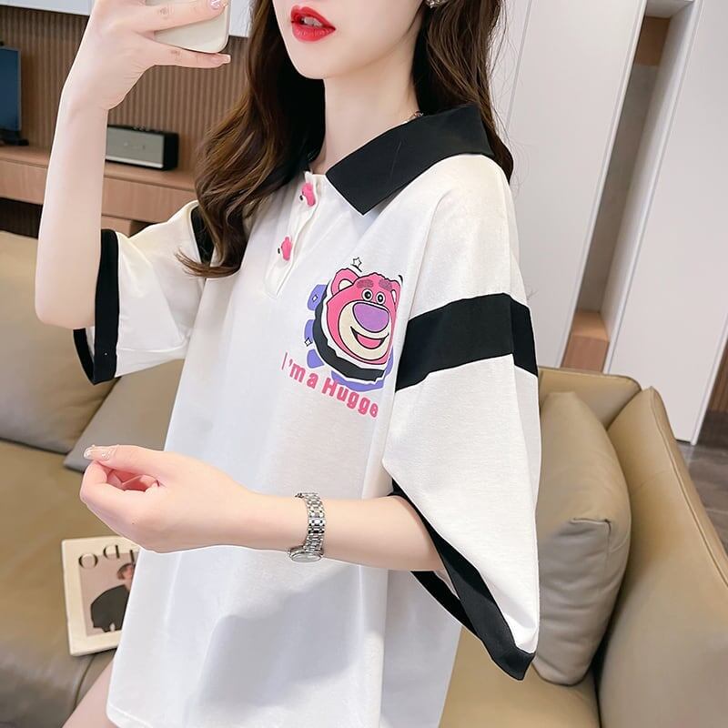 POLOネック 切り替え 熊柄 ロング プリント Tシャツ 二色 ゆったりワンピース ＜S-3020＞