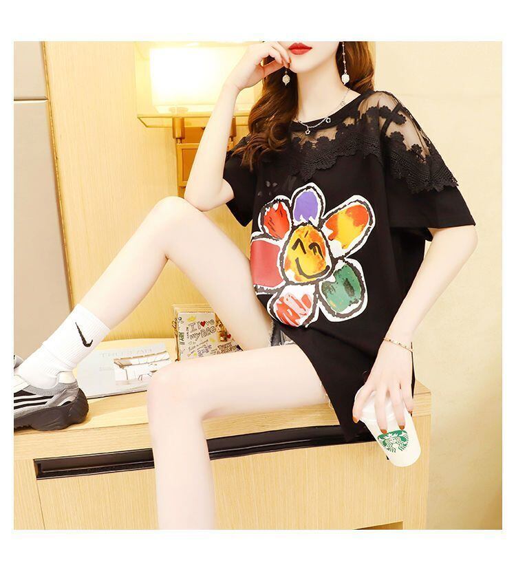 大人可愛い 切り替え レース 透かし彫り プリント全2色 半袖Tシャツ カットソー ＜S-8560＞