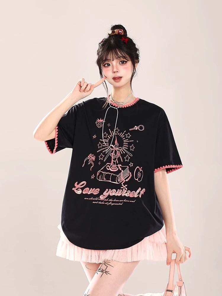 大人可愛い 早い者勝ち 絶対流行 カジュアル 2色選択 Tシャツ<S-11108>