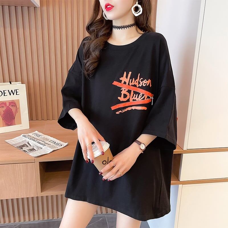 デザイン個性ゆったりミドル丈半袖Tシャツ<S-3036>