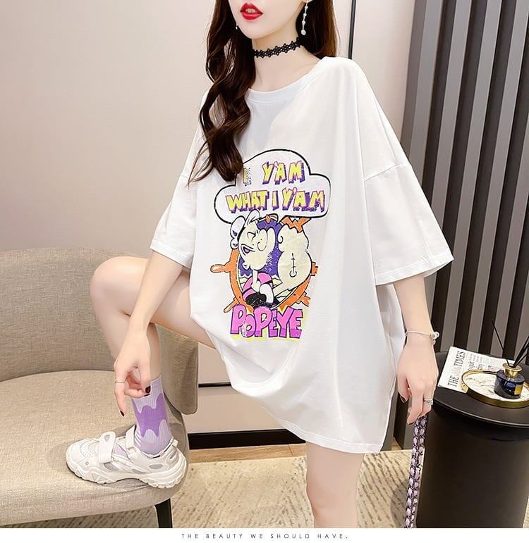 【半額！期間限定！！】グラフィック レース 透かし彫り ロング Tシャツ ゆったりワンピース ＜S-4021＞