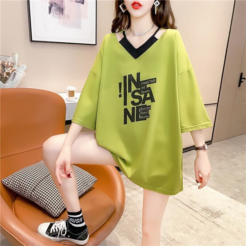 売れ筋 アルファベット Vネック フェイクレイヤード ゆったり 着せ 半袖 Tシャツ ＜S-2005＞