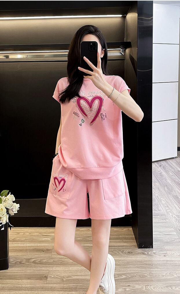 超人気 ホットダイヤモンド カジュアル プリント 半袖Tシャツ ショートパンツ セットアップ ＜S-9215＞