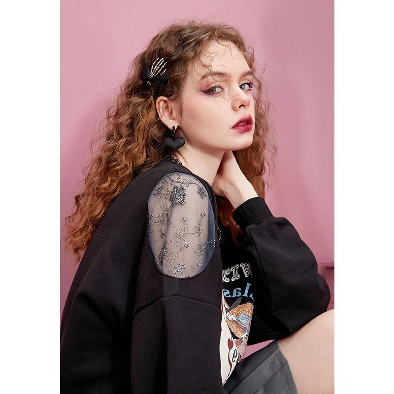 ファッショングラフィックプリントブラックスウェット長袖Ｔシャツ<S-4281>