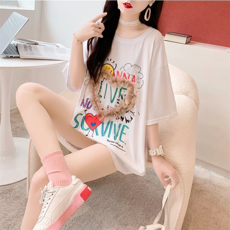 デザイン感 切り替え チャーミング プリント Tシャツ カットソー＜S-3529＞