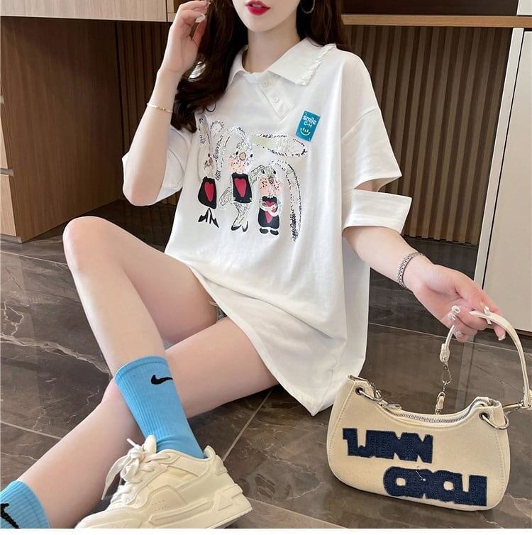 美人度アップ 折り襟 可愛いウサギちゃん プリントロング Tシャツ ゆったり半袖 ＜S-2956＞