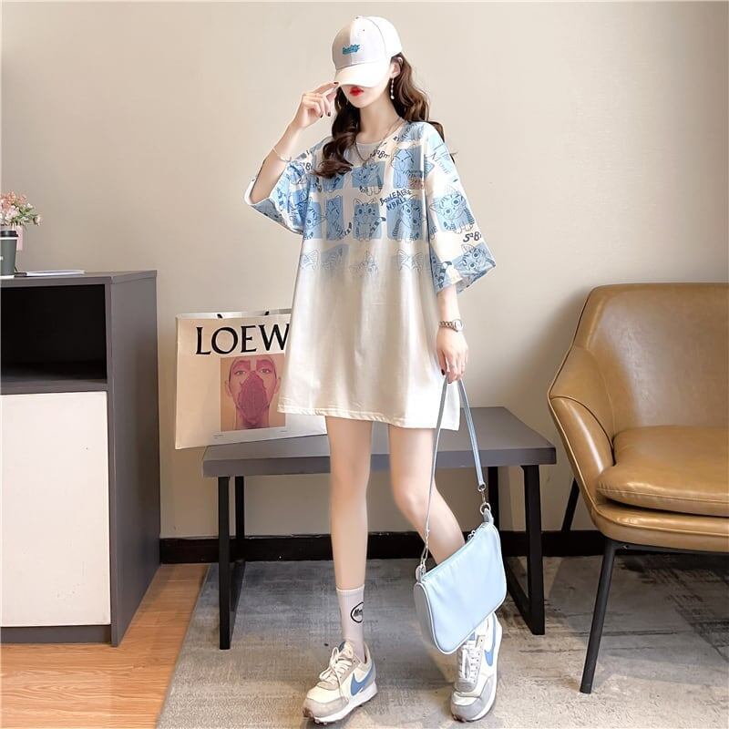 【半額！期間限定！！】大好評 プリント 猫柄 ロング Tシャツ 四色 ゆったりワンピース ＜S-4017＞