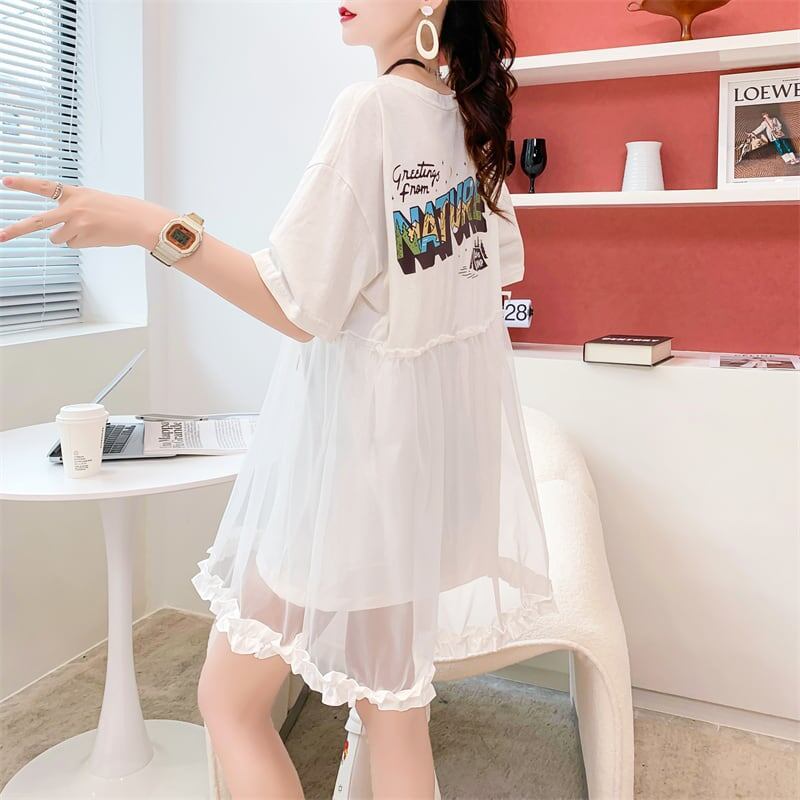 デザインセンスレースステッチフェイクツーピース半袖Tシャツワンピース<S-2964>