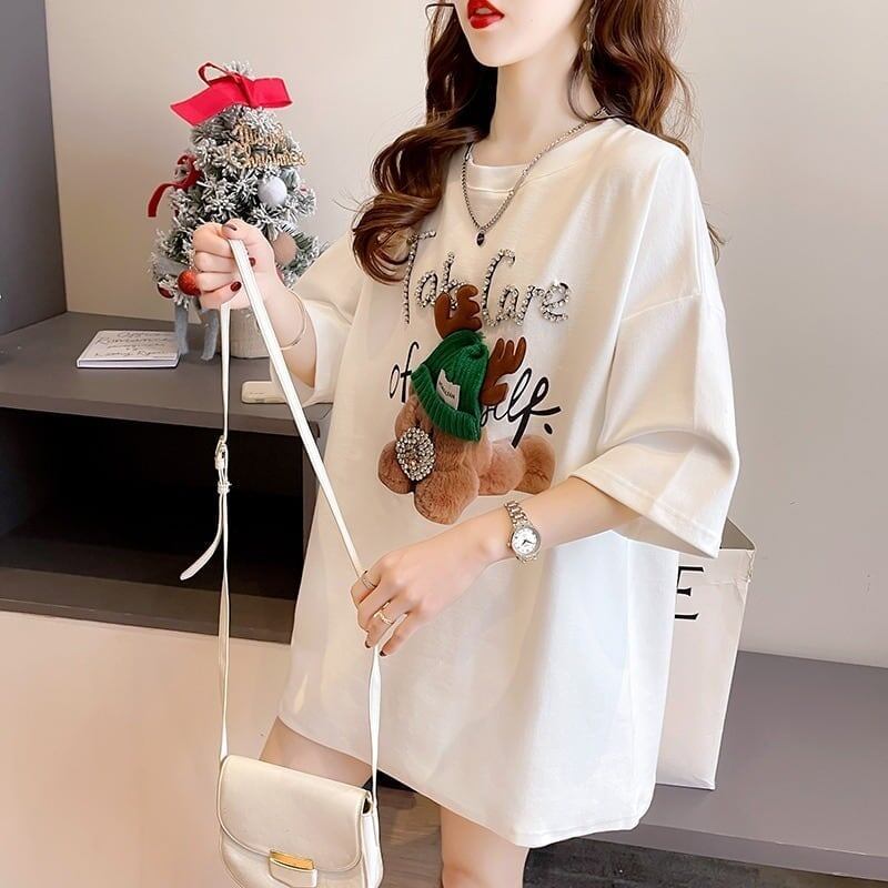 大活躍 ロング ビジューロゴ Tシャツ ゆったり 半袖 三色＜S-2922＞