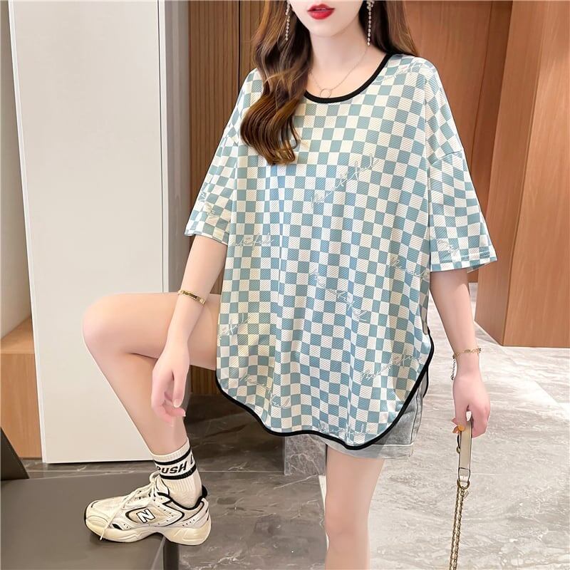 好感度満載 ラウンドネック 女性力を高める チェック柄 Tシャツ カットソー＜S-2985＞