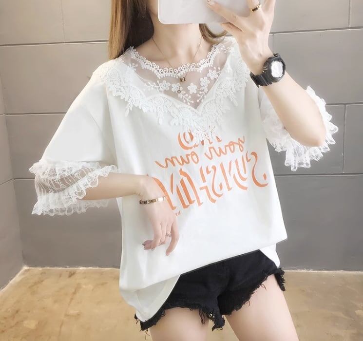 エレガントなレースステッチ半袖Tシャツ<S-3030>