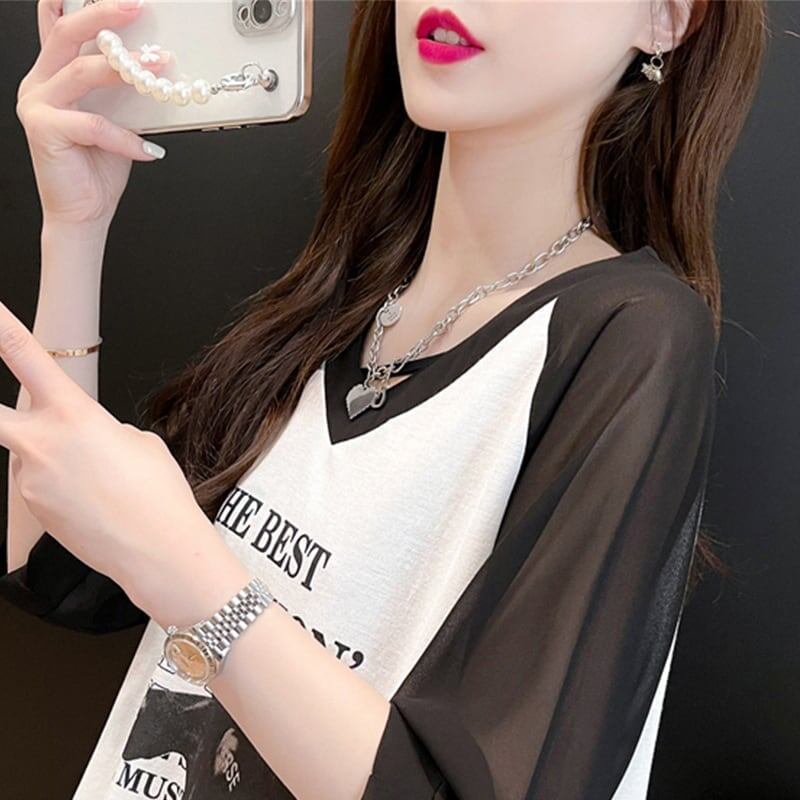 好感度満載 切り替え 美感いっぱい プリント Tシャツ カットソー＜S-3479＞