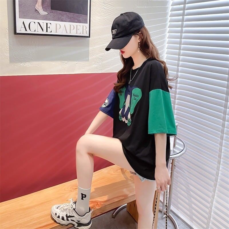 気質漫画カラーマッチング偽ツーピース半袖Tシャツ<S-2997>