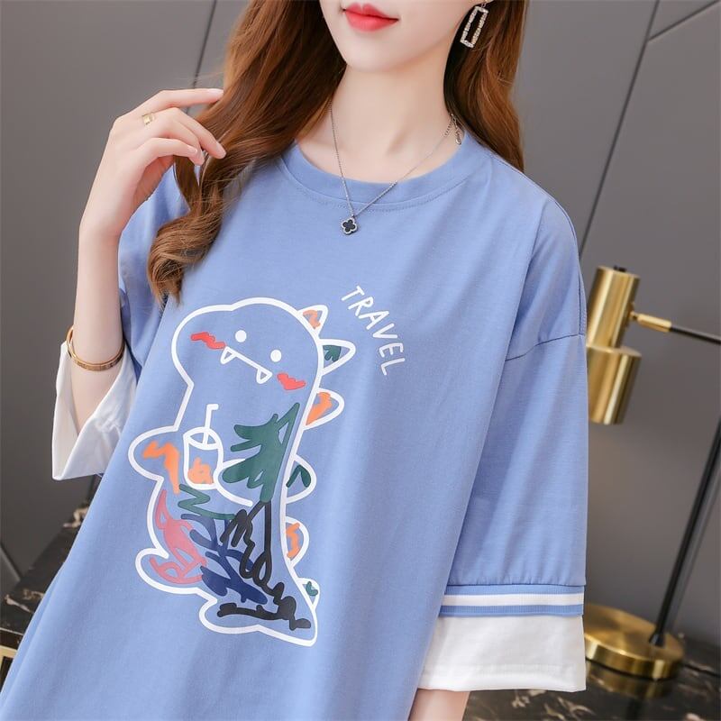 合わせやすい アルファベット ラウンドネック プリントTシャツ ゆったり ワンピース＜S-3992＞