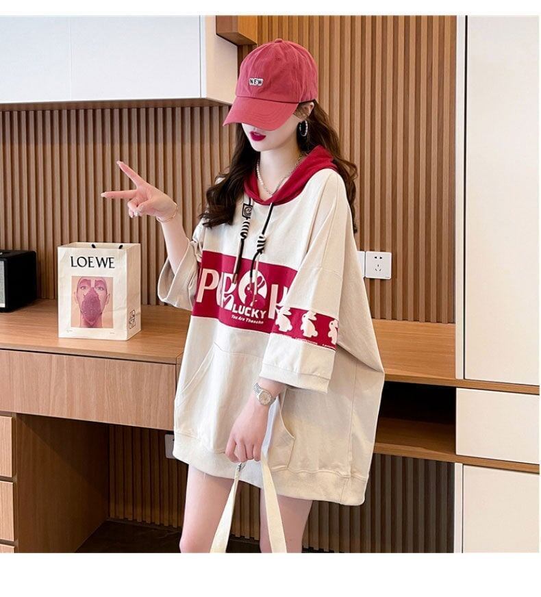 【半額！期間限定！！】大人気 ウサギちゃん 切り替え プリント 配色 ロング半袖パーカー＜S-4004＞
