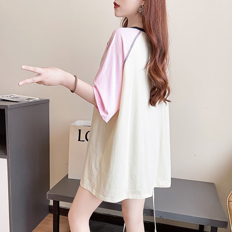 女子マスト ラグランTシャツ カラーマッチング ライトパープル アルファベットプリント半袖 ＜S-2974＞