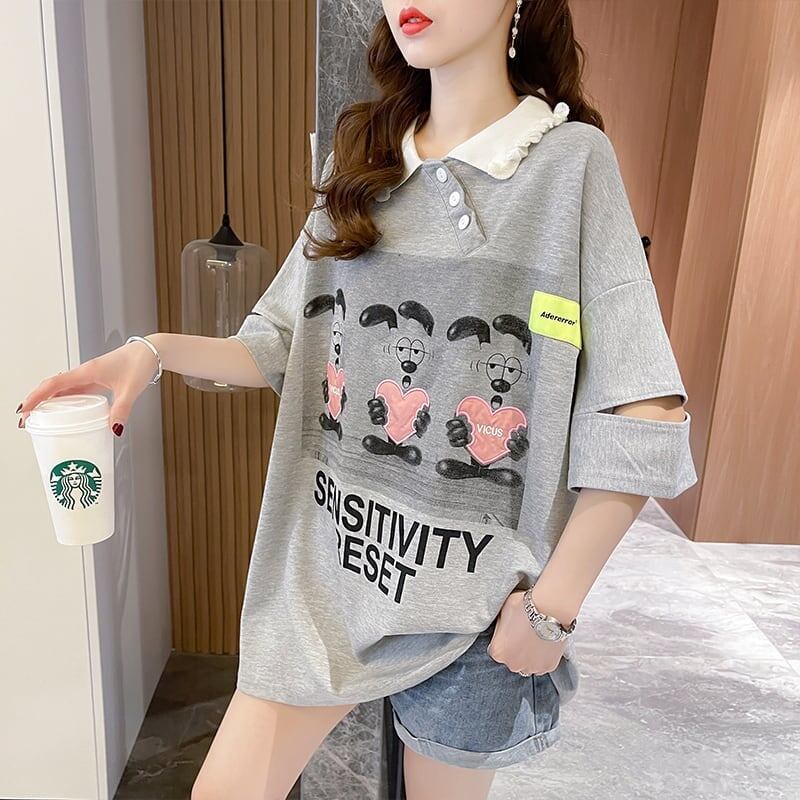 夏新作 アルファベットプリント POLOネック ロング Tシャツ ゆったりワンピース ＜S-3038＞
