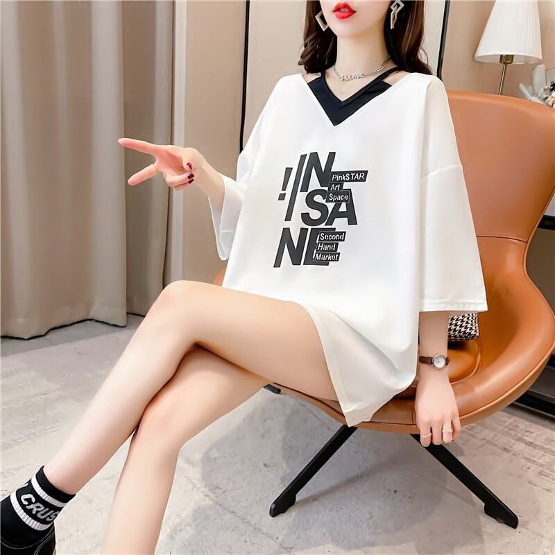 売れ筋 アルファベット Vネック フェイクレイヤード ゆったり 着せ 半袖 Tシャツ ＜S-2005＞
