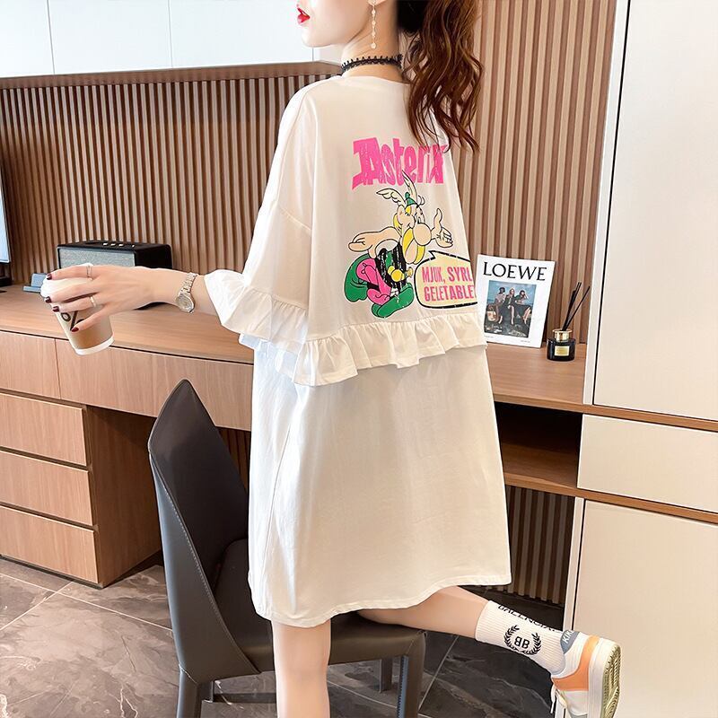 【半額！期間限定！！】合わせやすい 切り替え フリル プリント Tシャツ ゆったりワンピース＜S-3008＞