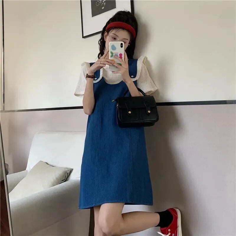 美人度アップ デニム 大人可愛い 全2色 半袖Tシャツ+サスペンダースカート セット<S-8782>