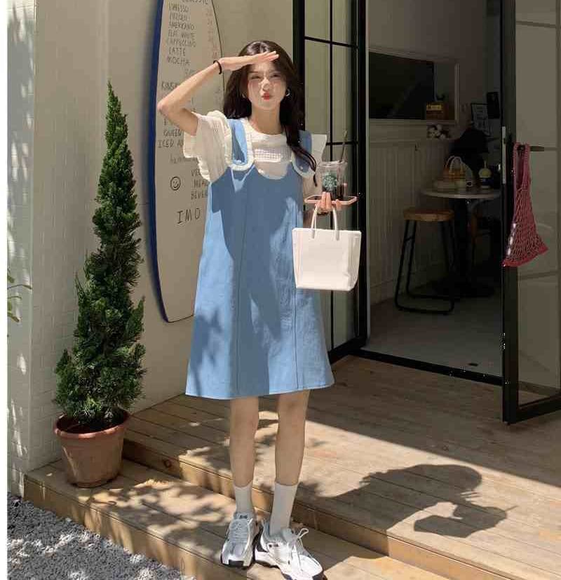 美人度アップ デニム 大人可愛い 全2色 半袖Tシャツ+サスペンダースカート セット<S-8782>