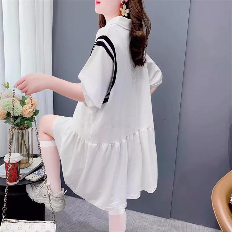 女子力アップ POLOネック 韓国系 ロング Tシャツ 二色 ゆったりワンピース ＜S-2937＞
