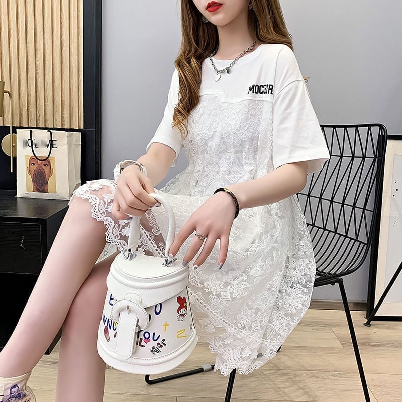 女子マスト 切り替え レース ゆったり 着?せ ハイウエスト 半袖 ワンピース ＜S-2019＞