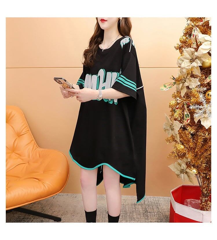 おしゃれ度アップ アルファベット フィッシュテール プリントTシャツ ゆったり半袖＜S-3012＞