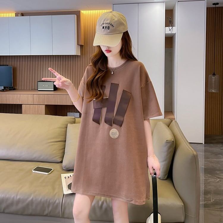 ファッション ロング プリントTシャツ 丸襟 半袖＜S-2807＞