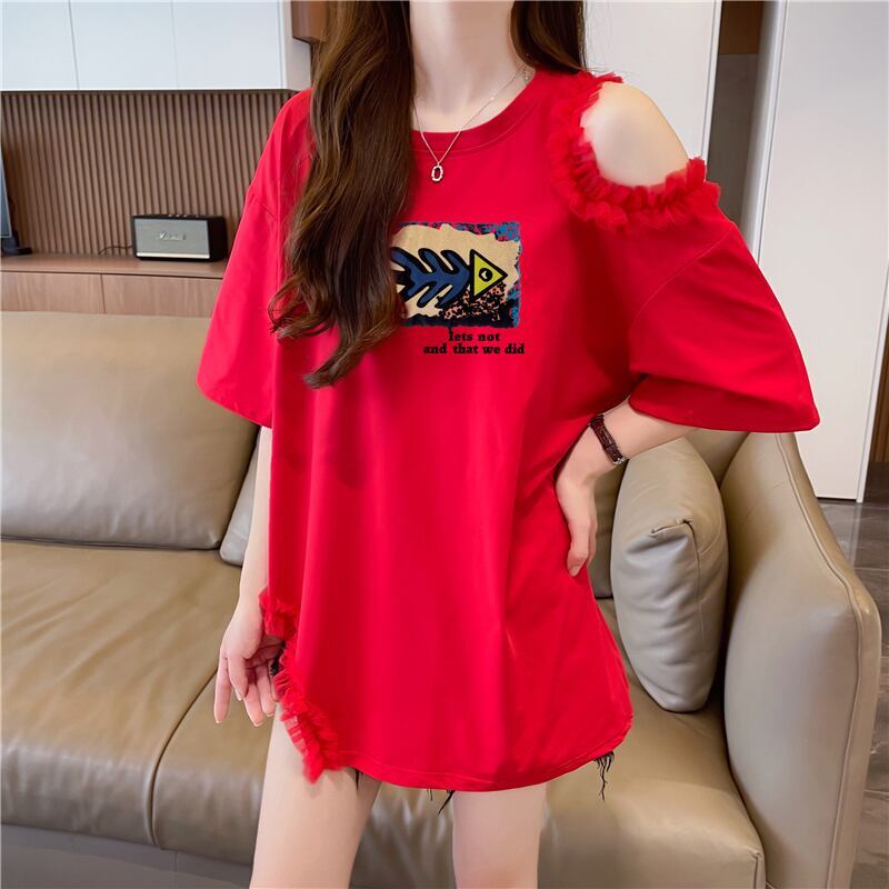 おしゃれ度高め レース 美人度アップ 切り替え プリント全4色 Tシャツ カットソー＜S-9213＞