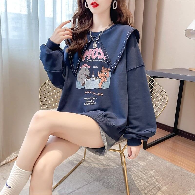 絶対欲しい グラフィックプリント セーラ服の襟 三色 長袖Tシャツトップス<S-4036>