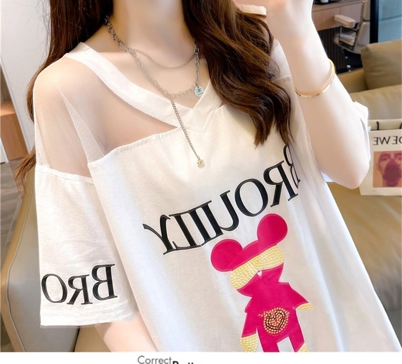 売り切れ必至 Vネック セクシー 切り替え チュール プリントTシャツ ゆったりワンピース ＜S-3050＞