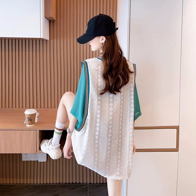 夏新作 レース ベアー カラーマッチング ロングTシャツ ゆったり5分袖 ＜S-2942＞