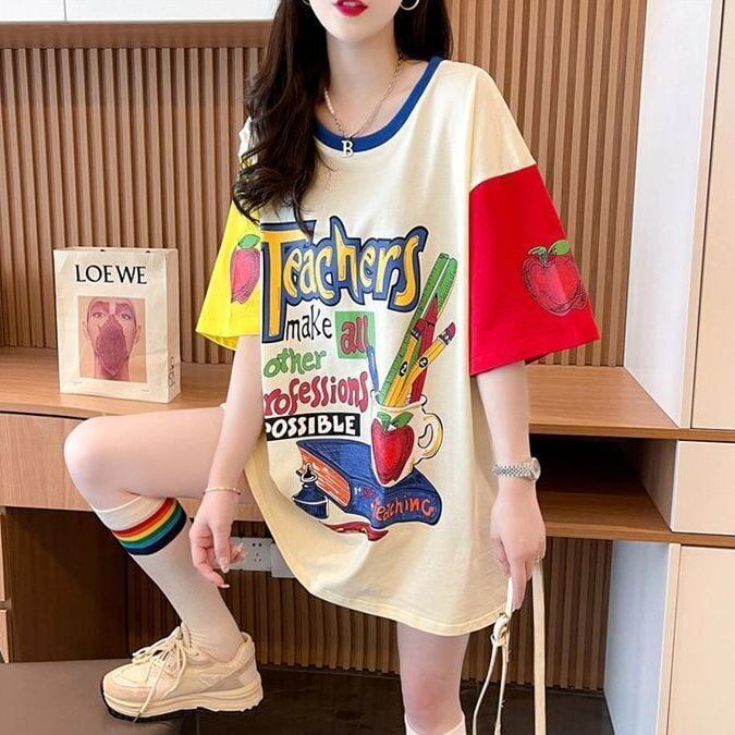 おすすめ アルファベット 個性派 プリントTシャツ ゆったり半袖＜S-8090＞