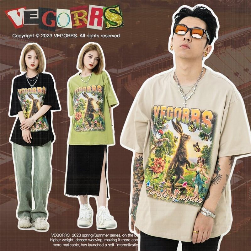 アメリカンレトロ絵画ウサギ半袖Tシャツカップル男女同スタイル<S-2910>