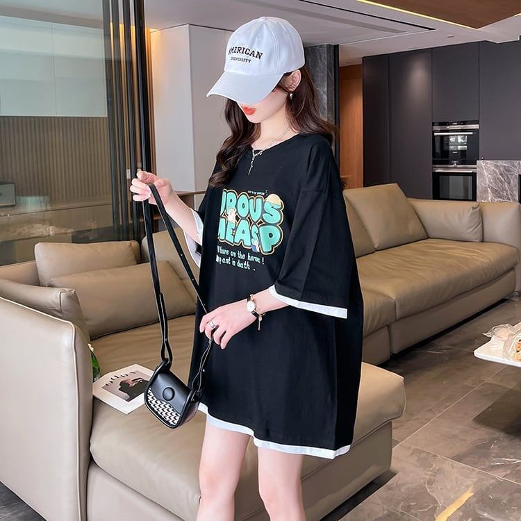 新作 プリントTシャツ ロング アルファベット オーバーサイズ＜S-2808＞