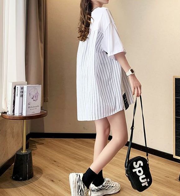超人気 切り替え ストライプ柄 ラウンドネック プリント全2色 半袖Tシャツ<S-8741>