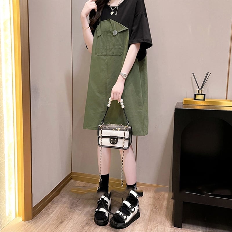 カジュアル 切り替え 一目惚れ Tシャツ カットソー ワンピース＜S-3334＞