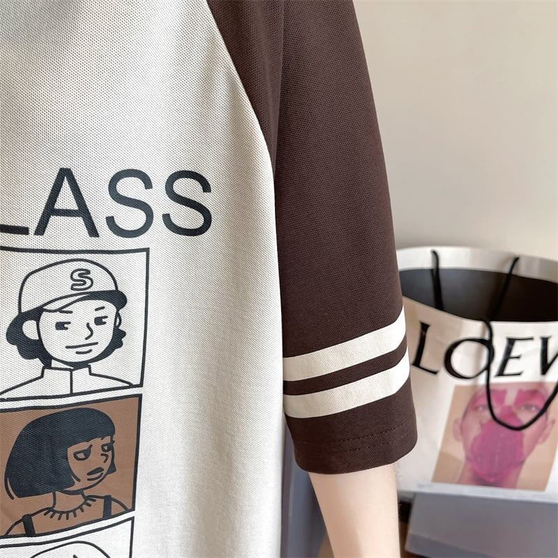 早い者勝ち グラフィック POLOネック プリント ロング ラグランTシャツ ゆったりワンピース＜S-4027＞