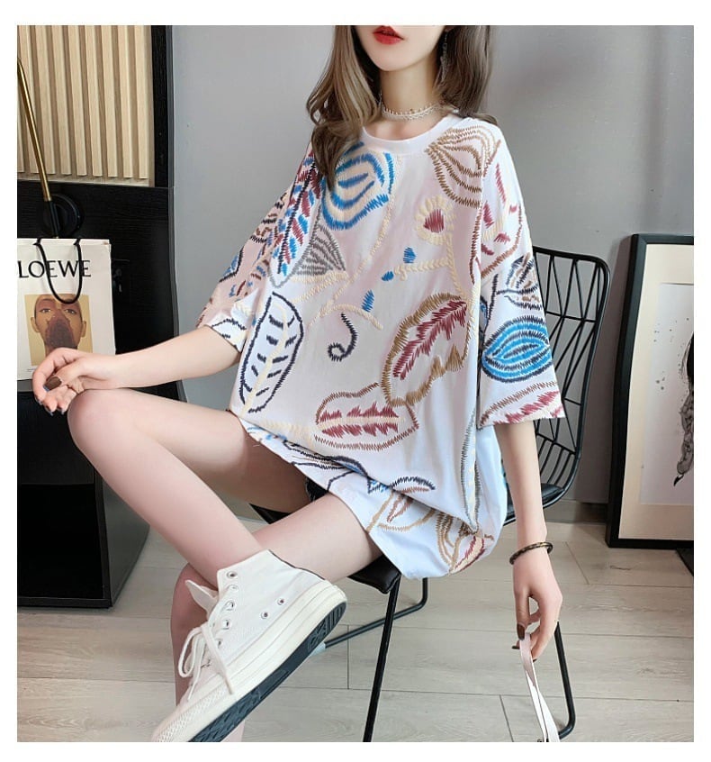 韓国系 ロング 刺繍 Tシャツ 三色 ゆったり半袖 ＜S-2847＞