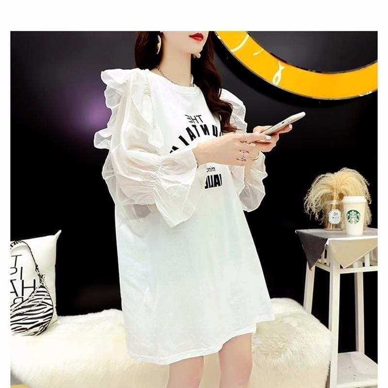 女子力アップ アルファベット パフスリーブ プリント ロングTシャツ ゆったりワンピース ＜S-3054＞