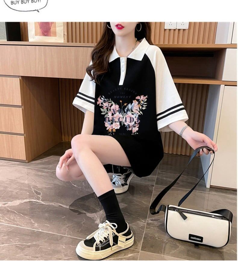 POLOネック プリント バタフライ ロング ラグランTシャツ ゆったりワンピース ＜S-3023＞